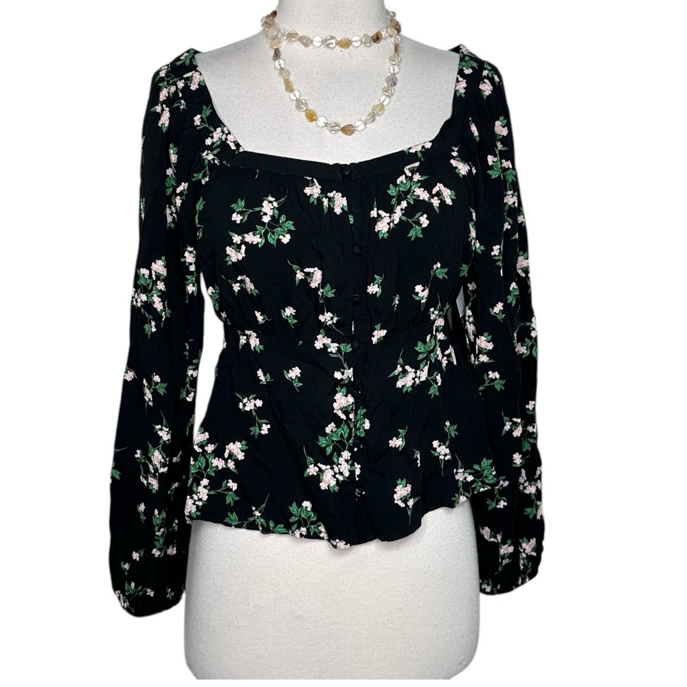 Old Navy‎ Womens S Top Blouse Black Floral Peasant Square Neck Button Up NEW